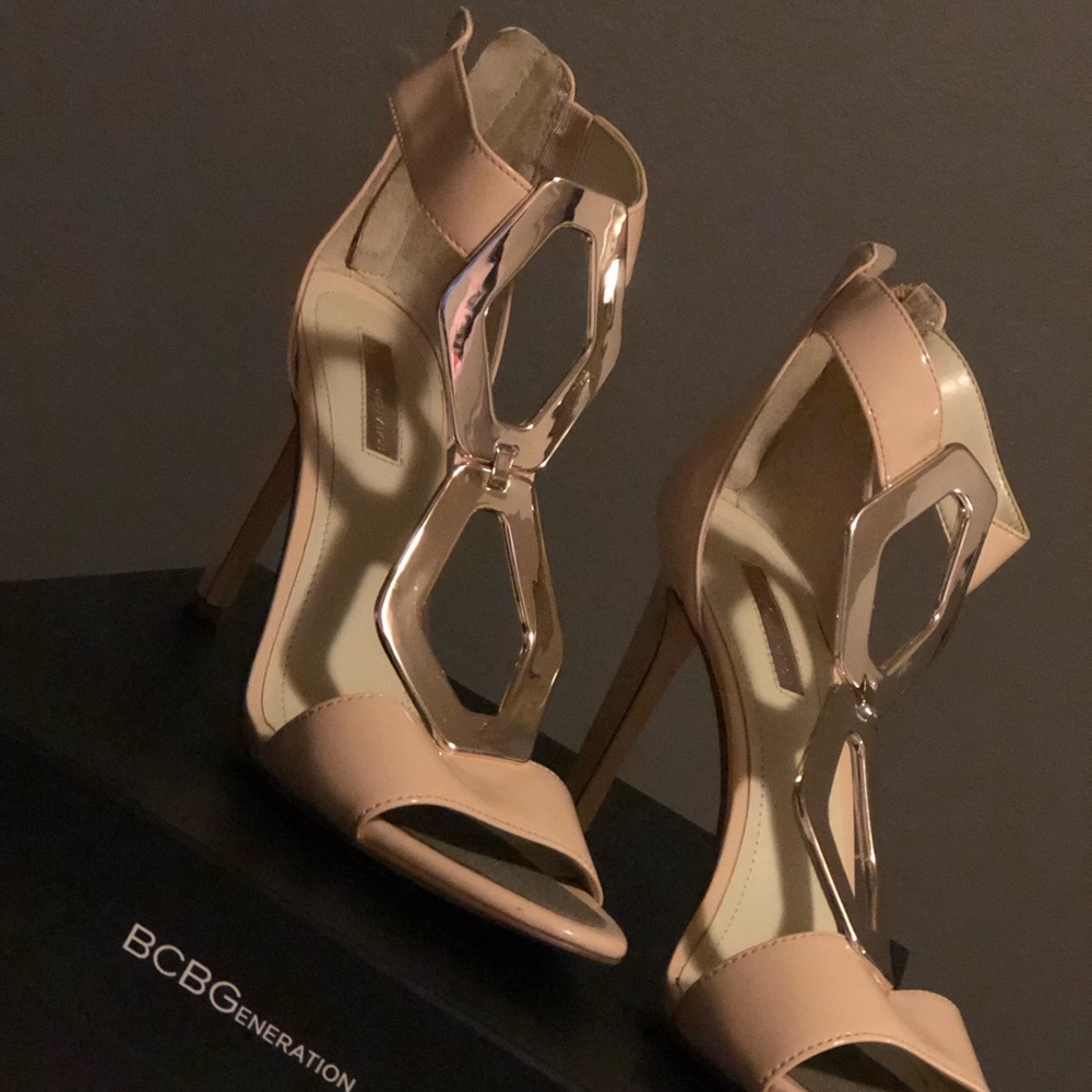 Nude Blush Patent Leather BCBG open toe heel